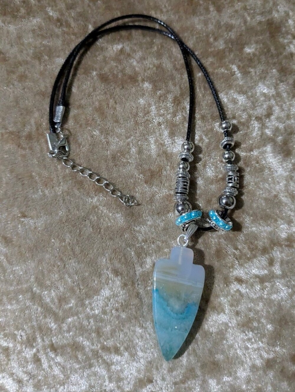 Ladies Handmade Aqua Druzy Arrowhead Pendant Beaded Necklace